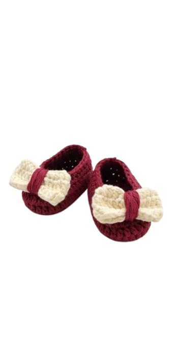 Handmade Crochet Bow Booties for Newborn| Size 0-2 months | Maroon Baby Booties | Soft Cotton Yarn Shoes | Amigurumi Baby Footwear | Handmade Newborn Crib Shoes | Baby Shower Gift-image-2