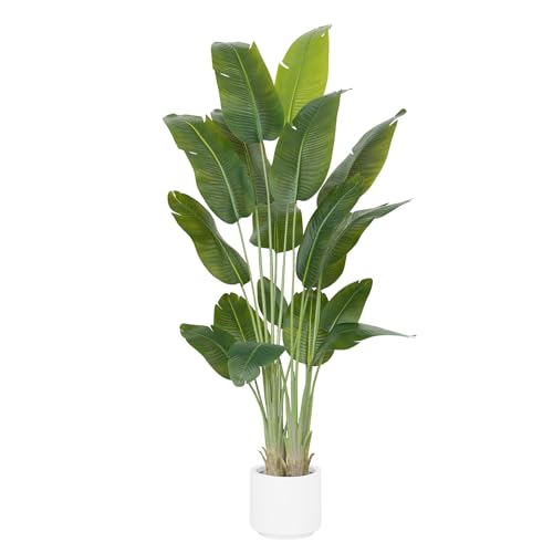 Image of Artificial Bird of Paradise Plant 7.5Ft Tall Fake Tropical Palm Tree Large Fake Plants with 18 Silk Banana Leaves Faux Plant Indoor Decor Trees White Pot for Home Bedroom Living Room Office