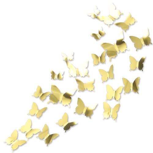 24 Pièces or Stickers Papillon Decoration | 3D Miroir Papillon Deco Chambre Fille Doré | Stikers Murals Amovible pour Chambre d'Enfant Mariage Fête