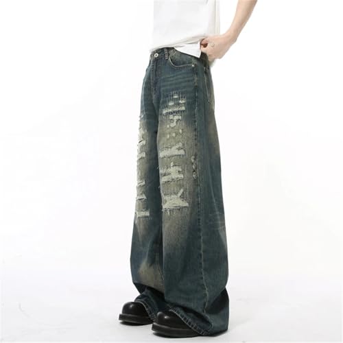 Men's Denim Pants Hole Worn-Out Streetwear Trousers Straight Wide Leg Casual Jeans4