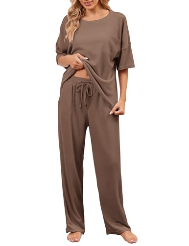 Image of JiniGolla Womens Pajama Sets Waffle Knit Short Sleeve Shirt with Long Pajama Pants Soft Sleepwear Pj Lounge Sets