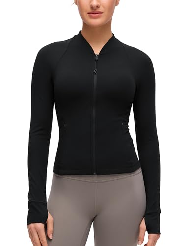 CRZ YOGA Butterluxe V-Neck Jackets for Women - Full Zip Athletic Track Tops with Thumb Holes Pockets Black Medium