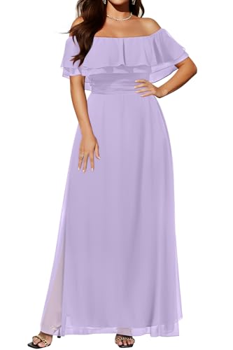 Image of Pinup Fashion Plus Size Formal Bridesmaid Wedding Guest Chiffon Long Dress | Chiffon, off-the-shoulder neckline, layered ruffles, ruched elastic waist, floor-length, evening party, wedding guest