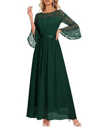 Wedtrend Women's Mother of The Bride Dresses, Flared Sleeve Wedding Reception Dress Vintage Lace Maxi Dress Elegant Evening Gown WT0314DarkGreenM