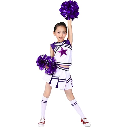 LOLANTA Cheerleader Costume for Girls Halloween Cheer Uniform Outfit | 4Pcs Complete Cheerleading Set with Top, Skirt, Socks and Pom Poms, Cheer Outfits for Halloween Cosplay Christmas