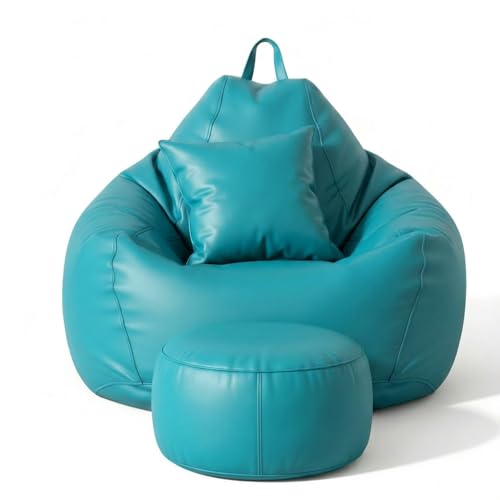 Image of 5XL Premium Leatherette Bean Bag with Rectangular Footrest & Cushion | High Density EPS Beans Filled | Teardrop Shape with Handle | 6 Months Warranty (Aqua, 5XL Combo Pack, Solid)