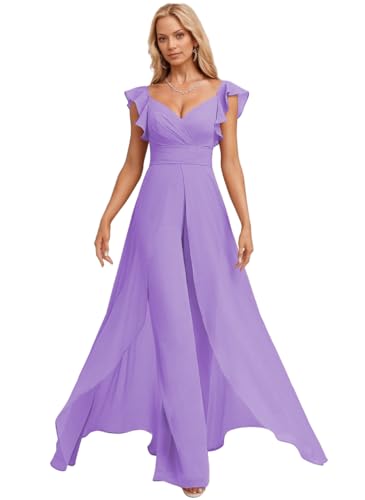 Women's One Piece Jumpsuit Short Puffy Sleeves Bridesmaid Pant Suits for Wedding Elegant V Neck Evening Outfit