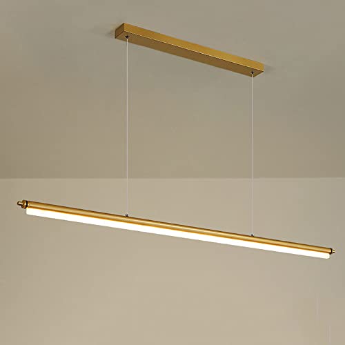 Suspension linéaire dorée avec abat-jour acrylique et flûte métal LED