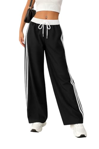 Image of SAKHWALA Women Track Pant | Women's Wide Leg Track Pants High Waist Drawstring Sweatpants with Side Stripes, Casual Loose Fit Lounge Joggers, White