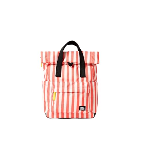 Image of ROKA London Canfield Small Roll-Top Backpack Recycled Canvas Water-Resistant Rucksack, Lightweight Everyday Backpack for Work, Travel, Commuting & City Use – Coral Stripe