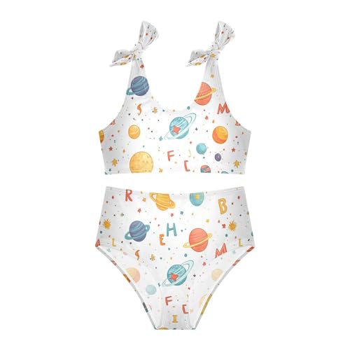 JUNZAN Cartoon Outer Planets Alphabet White Girls Bikinis Cute Elastic 2 Piece Swimwear Preppy Girls Swimming Suits 3T2