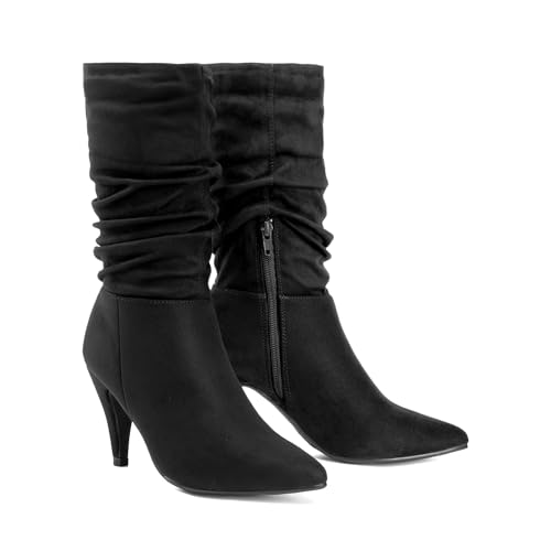 DREAM PAIRS Women's High Heel Mid Calf Boots Slouchy Pointed Toe Fall Boots,Size 8,Black/Suede,KIMLY