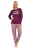 Damen Langarm Schlafanzug Pyjama mit Schriftzug und Karierter Hose - 66536, Farbe:Beere, Größe:48-50