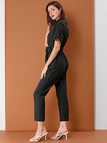 Allegra K Women's Short Sleeve Collared Cropped Coverall Button Down Tie Waist Cotton Cargo Jumpsuit X-Large Black #TOP1