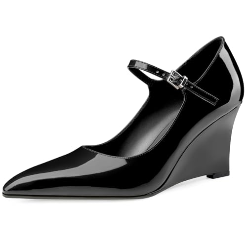 Oh Mispares Women's Wedge Heel Pumps Pointed Toe Mary Jane High Heels Adjustable Strap Elegant Closed Toe Wedding Bride Office Dress Shoes 3 Inches Black by Oh Mispares - Used condition - US$54.14