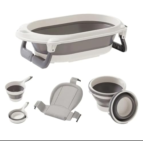 Image of Toriox New Born Baby Bathtub Plastic Safety Bath Tubs Set Bath Rack Household Baby Bathtub for Kids Seat Portable & Space-Saving 4 in 1 Bathtub with Support Bathnet,Bucket & Mug