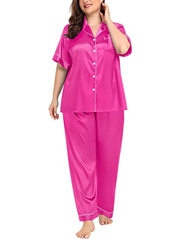 Image of SWOMOG Women's Plus Size Pajamas Silk Satin Pajama Set Short Sleeve Shirt with Full-Length Pants Pjs Sleepwear Set 18W-26W