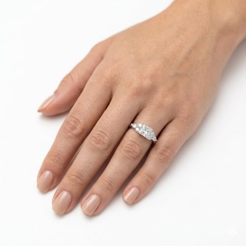 Image of Choose Your Gemstone Princess Shape Accented Engagement Ring 925 Sterling Silver Minimal Modern Design Birthday Gift Wedding Gift Side Stone Engagement Rings : US Size 4 to 12