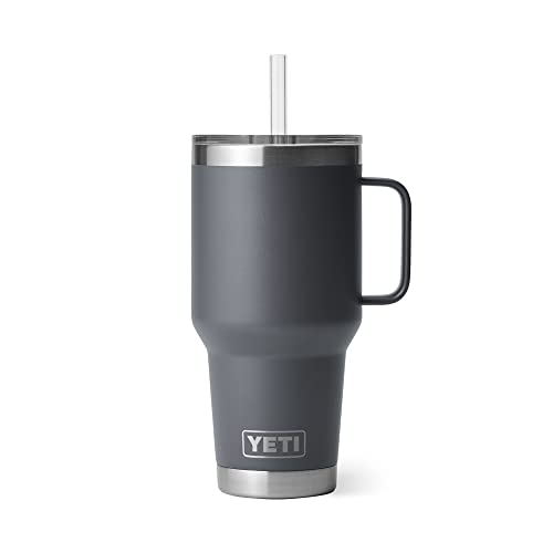 Image of YETI Rambler 35 oz Tumbler with Handle and Straw Lid, Travel Mug Water Tumbler, Vacuum Insulated Cup with Handle, Stainless Steel, Charcoal