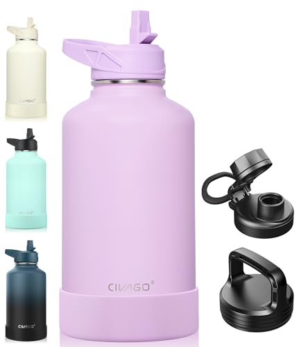 Image of CIVAGO 64 oz Insulated Water Bottle With Straw, Half Gallon Stainless Steel Sports Water Flask Jug with 3 Lids (Straw, Spout and Handle Lid), Large Metal Thermal Cup Mug, Lavender