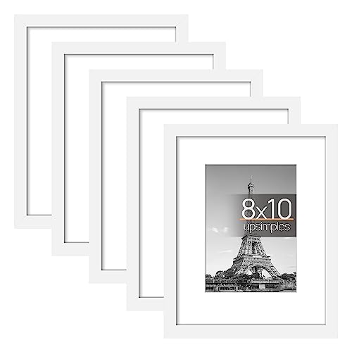Image of upsimples 8x10 Picture Frame Set of 5, Display Pictures 5x7 with Mat or 8x10 Without Mat, Wall Gallery Photo Frames, White
