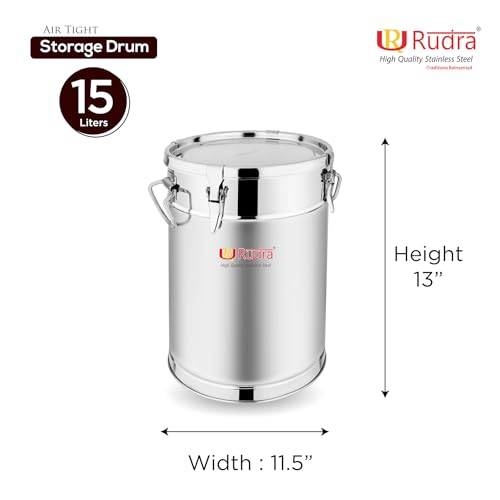 Image of Rudra Stainless Steel Air Tight Container /Drum /Box for Kitchen Storage | Kothi | Rice | Flour Atta Big Dabba With Handle | (15, Cylinder, 1, RU3014)