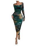 GORGLITTER Women's Square Neck Tie Dye Midi Dress Long Sleeve Ruched Bodycon Evening Party Club Prom Dresses Green Multi S