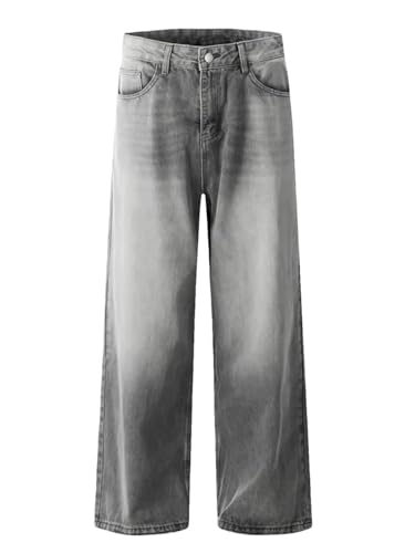 Men’S Distressed Wide Leg Jeans Mid Waist Loose Fit Denim Pants High Street Style Zipper Fly Ripped Design Jeans