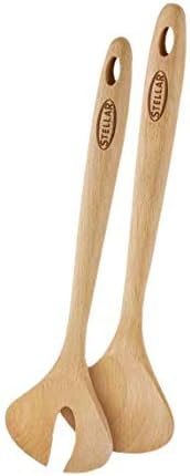 Stellar Beech Tools 2-Piece Salad Server Set, Safe for Non-Stick Pans, Solid Beech Wood, Beige