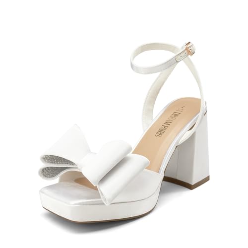 DREAM PAIRS Women's Platform Chunky Heels Fashion Bowknots High Block Square Toe Dress Sandals for Wedding Bridal Party 8 White-satin