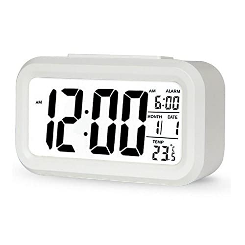 DTL Digital Alarm Clock LED Display with Temperature Big LCD Digit Larger Backlit Display Snooze Smart Brightness Sensor for Bedroom Home Office and Travel (White)