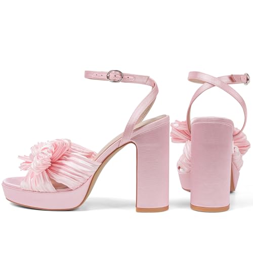 VIMISAOI Women's Bow Knot Platform Heels Open Toe Chunky Heeled Sandals Ankle Strap Comfortable Wedding Party Dress Shoes for Bride3