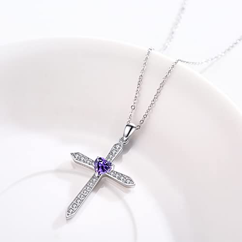 Cross Birthstone Necklace for Women Sterling Silver February Birthstone Necklace Pendant with CZ Purple Heart Necklace Crucifix Jewelry Gift for Mom Girls Halloween Christmas4