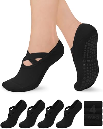 Image of yeuG Pilates Socks for Women Non Slip Grip Socks for Yoga, Barre, Hospital, Barefoot Grippy Yoga Sock Womens Gifts 4 Pairs