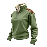 Fashion Sweatshirt for Women Long Sleeve Collared 1/4 Zip Faux Fur Pullover Top Winter Warm Suede Patch Tops Green