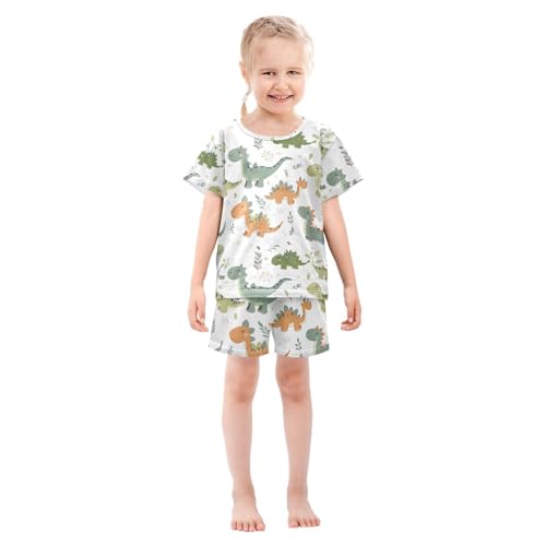 ALAZA Dinosaur Leaf Cute Pajamas Set Short Sleeve Cotton Sleepwear Summer Pjs 2 Piece 5-14Y3