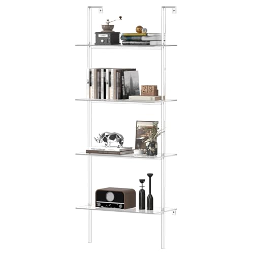 CRTERICX Acrylic Ladder Bookshelf, 4-Tier Clear Wall Mounted Bookshelf with