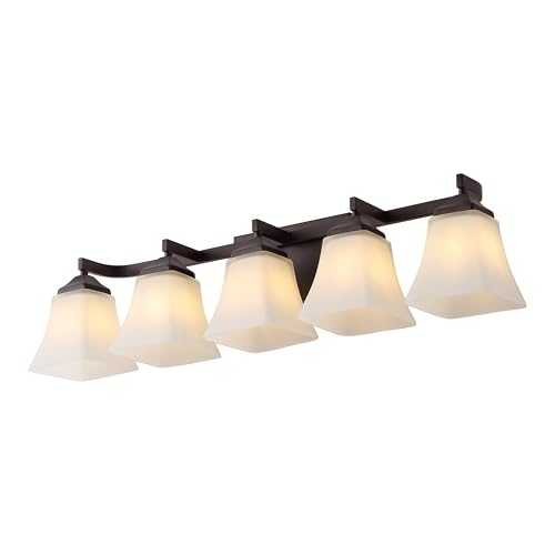 Image of JONATHAN Y 32.5 inch Oil Rubbed Bronze White 5-Light Metal Glass Rectangular Vanity Light Wall Sconce Traditional Transitional for Bathroom with Frosted Glass Shade Damp Rated LED Bulbs Included JYL7622A