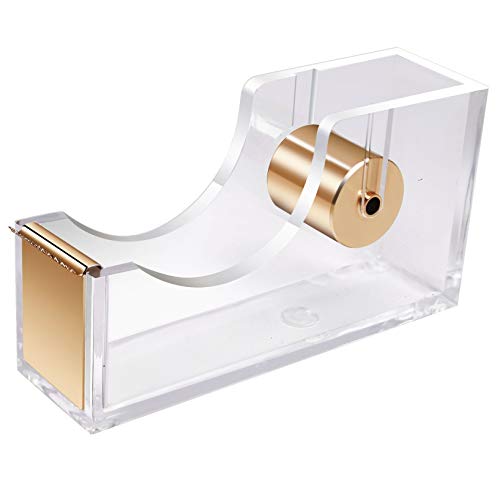 UNIQOOO 5mm Super Thick Clear Acrylic Gold Desk Tape Dispenser Holder, Modern Office Design Accessories