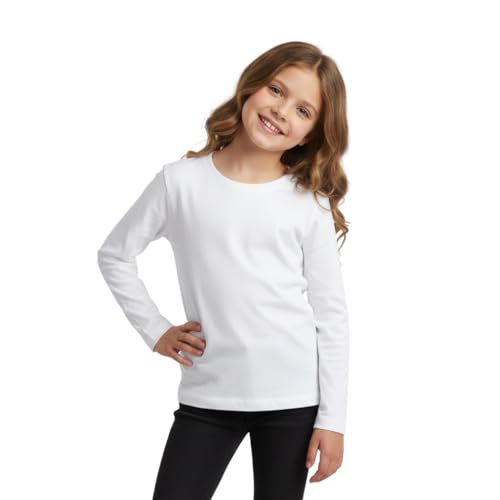 Image of LUXFAB Kids Girls Boys New Plain Long Sleeve Basic Stretch Round Neck T-Shirt School Tee Top Size 2-13 Years White