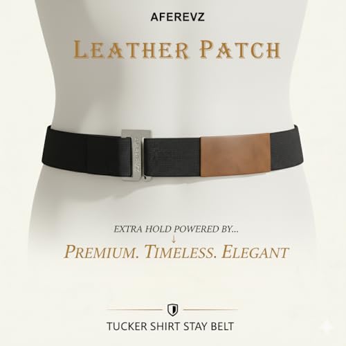 Image of Aferevz Tucker Shirt Stay Belt with Leather Patch for Extra Hold, Anti-Slip Technology, Elastic Formal Garter Stretchable with Adjustable Size, for Office and School Wear for Men and Women (Black)
