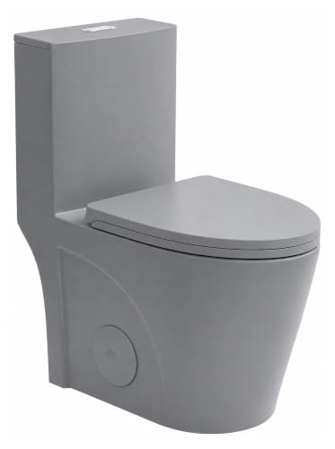 Light grey one-piece toilet with semi-elongated bowl — the only non-white option in this comparison