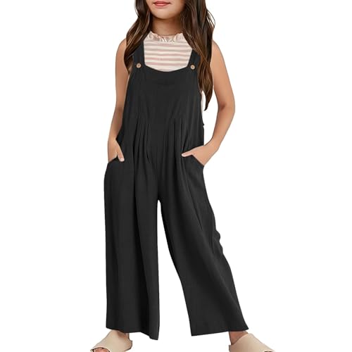 Mädchen Jumpsuit Festlich Ärmelloses Overall 𝗟ang Weites Bein Sommer Hose Latzhosen Einfarbig Spaghettiträger Freizeit Casual Loose Jumpsuits Kinder 𝐌ode Taschen (Black, 11-12 Years)
