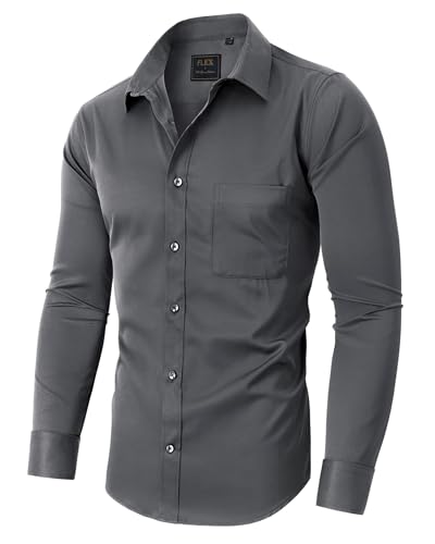 siliteelon Herren Hemd Graues Hemd Langarm Stretch Freizeithemd Regular Fit Bügelfrei Comfort Businesshemd Anzughemd Hochzeit mit Tasche,L