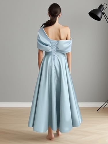 Women's One Shoulder Mother of The Bride Dresses Long Ruffle Satin A Line Formal Evening Gowns with Pockets2