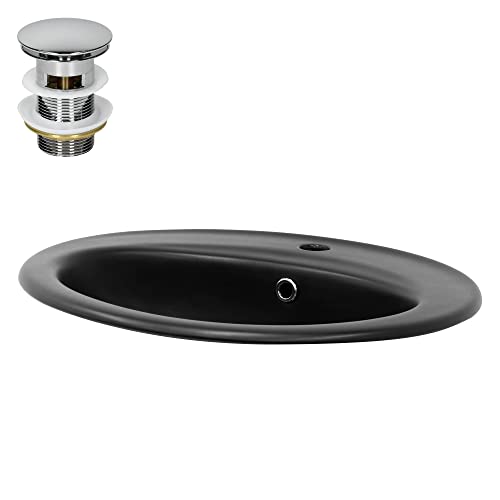 ML-Design Lavabo en Céramique Noir Mat 57x48,5x19,5 cm avec Bouchon de Vidange 1 1/4 Universelle et Trop-Plein, Design Ovale, Vasque à Encastrer Moderne, Évier Lave-Mains pour Salle de Bain