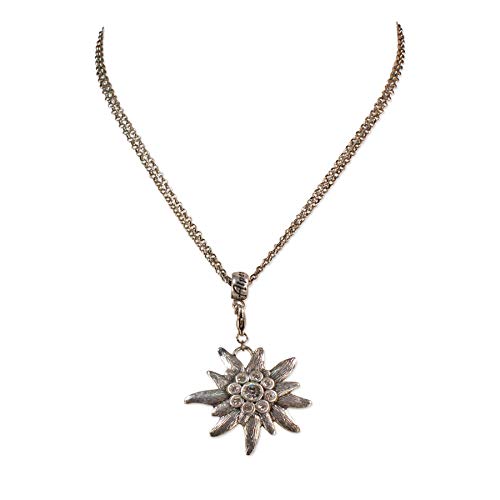 Trachtenkette mit Strass-Edelweiß groß - Damen Dirndlkette mit Kristallstein, Halskette für Trachtenbluse und Lederhose, Dirndl-Schmuck fürs Oktoberfest, Trachtenschmuck (antik-Silber-Farben)