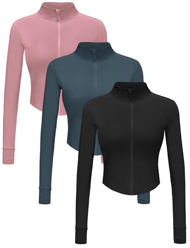 Dalavch 3 Pack Womens Cropped Full Zip up Workout Jacket Slim Fit Running Athletic Gym Yoga Sports Jacket with Thumb Holes 1 Black 1 Pink 1 Blue Medium