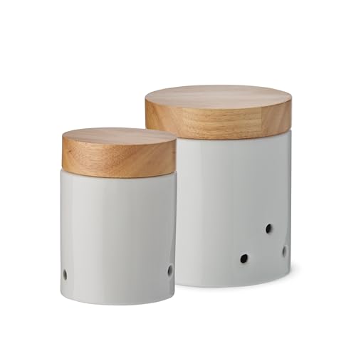 KHG Zwiebel- & Knoblauch Aufbewahrung, Vorratsdosen Keramik Steingut Weiß Holz-Deckel Bambus rund, Vintage Landhaus Stil, Zwiebeltopf & Knoblauchtopf Set, glänzend, unbeschriftet