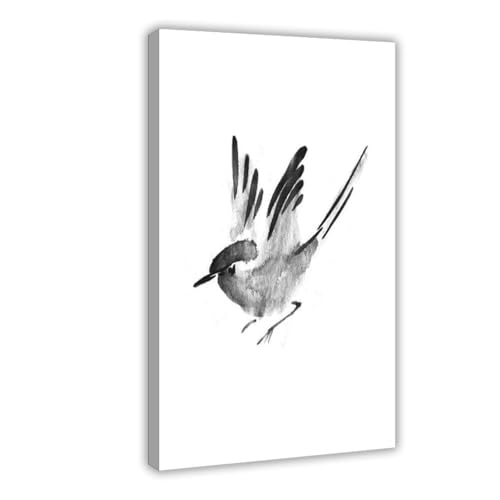 Peinture encre aquarelle japonaise sur toile de lin - Art mural oiseaux